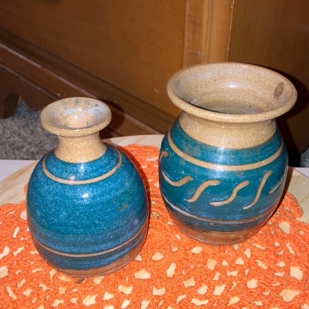 Hand Crafted Teal and Tan Vases Artist Signed